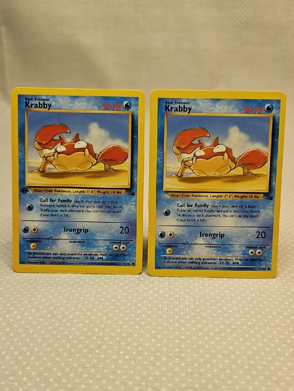 1999 Pokemon Krabby 51/62 Fossil 1st Edition & Regular Card